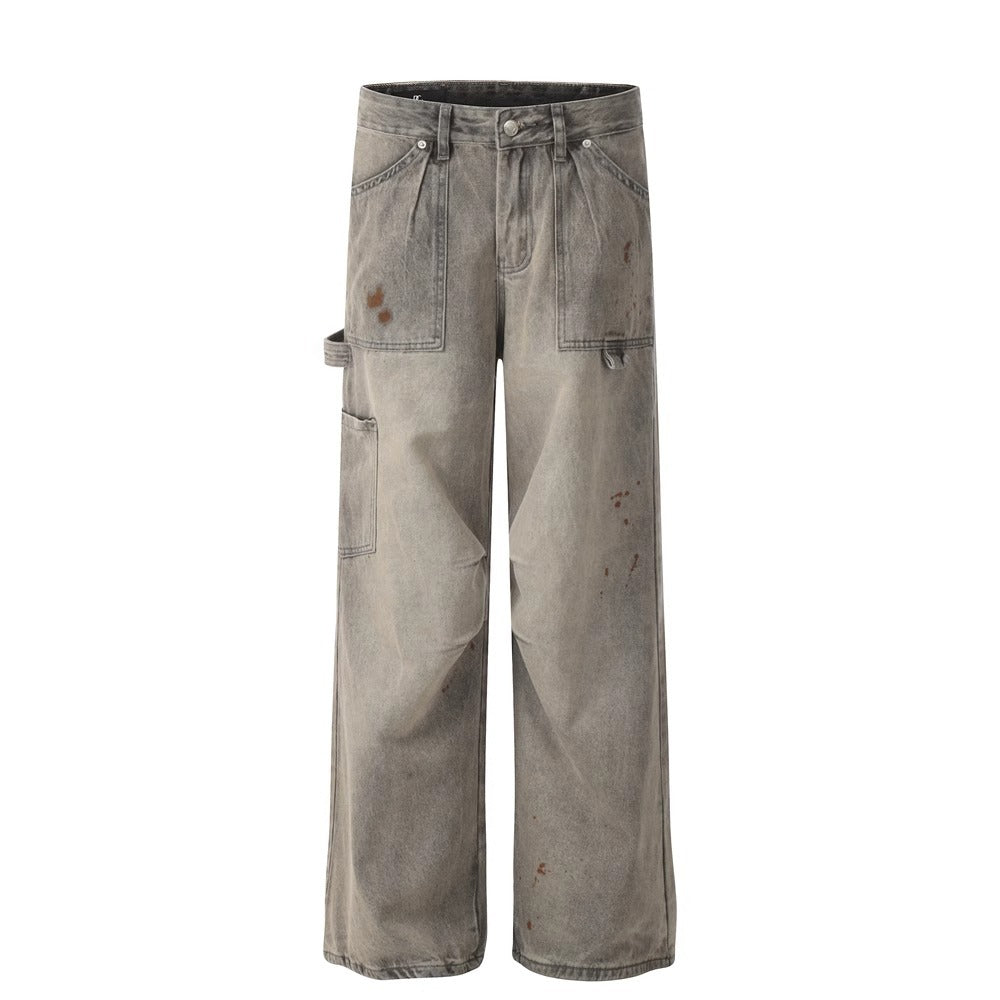 Vintage Splatter Washed Relaxed Straight Leg Cargo Jeans for Women High Street Loose Fit Distressed Long Pants Trendy Ins Style