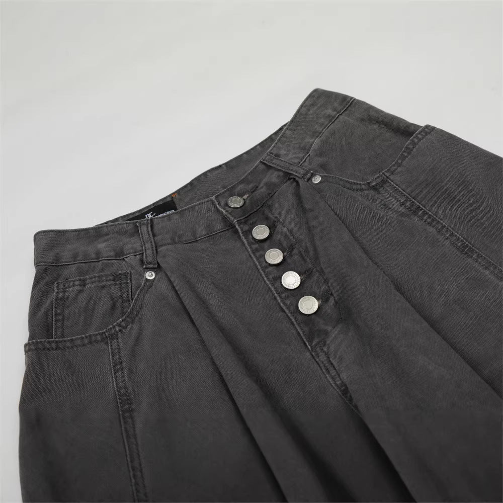 Street Style Men's Denim Pants, Distressed Patchwork Knife Cut, Casual Loose Fit Wide Leg Jeans for Men