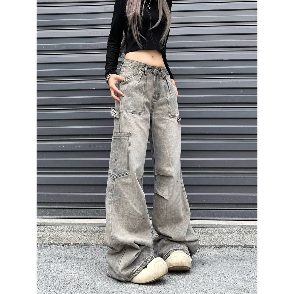 Vintage Splatter Washed Relaxed Straight Leg Cargo Jeans for Women High Street Loose Fit Distressed Long Pants Trendy Ins Style