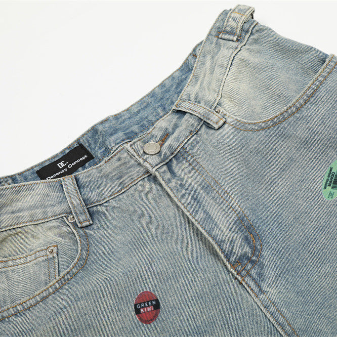 Street Style Men's Denim Jeans with Distressed Fun Print, Casual Loose Fit, Versatile Pants for Men