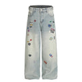Street Style Men's Denim Jeans with Distressed Fun Print, Casual Loose Fit, Versatile Pants for Men