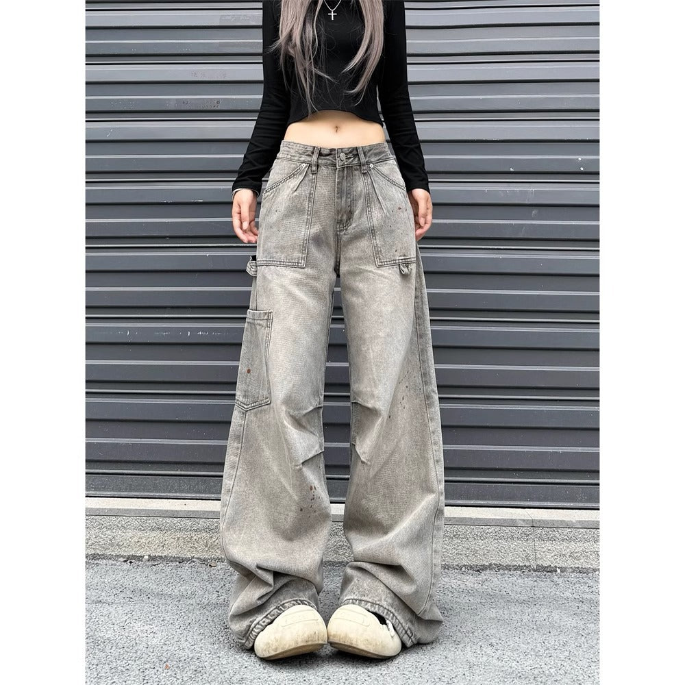 Vintage Splatter Washed Relaxed Straight Leg Cargo Jeans for Women High Street Loose Fit Distressed Long Pants Trendy Ins Style