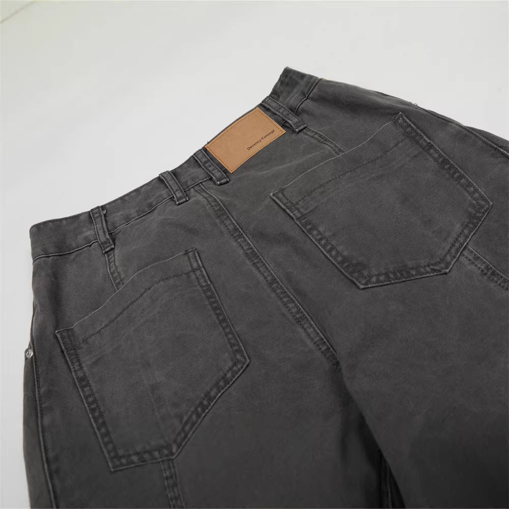 Street Style Men's Denim Pants, Distressed Patchwork Knife Cut, Casual Loose Fit Wide Leg Jeans for Men