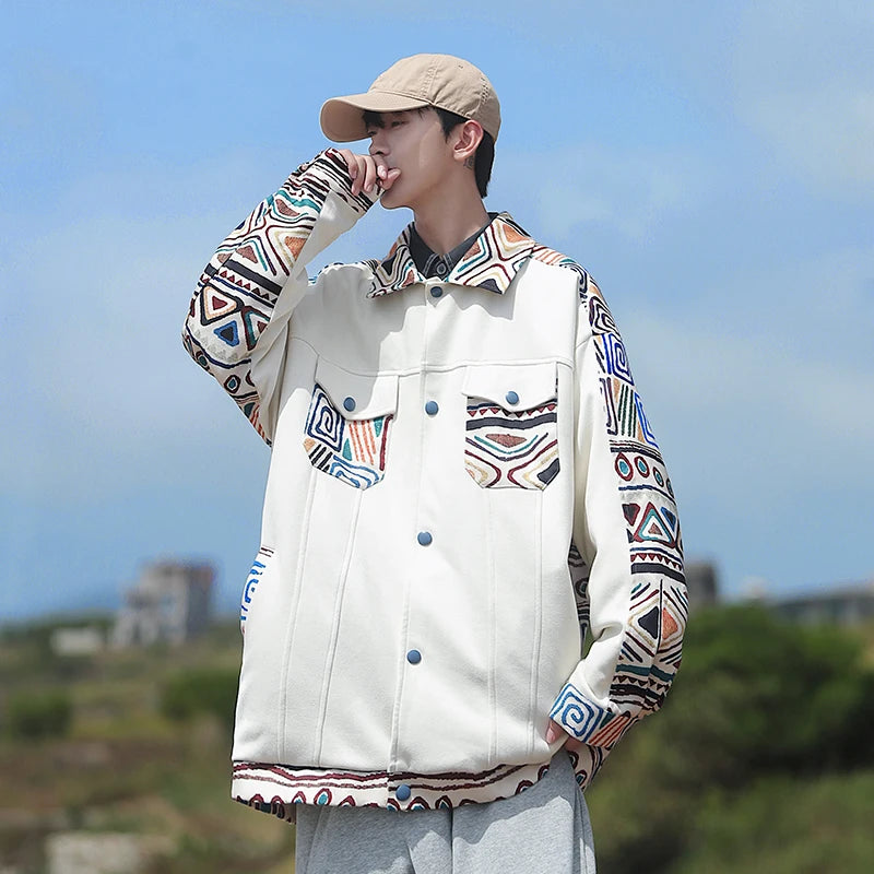 Hip Hop Oversized Varsity Jackets Men Harajuku Bohemian Unique Pattern Printed Patchwork Multi-pockets Lapel Casual Coats Unisex