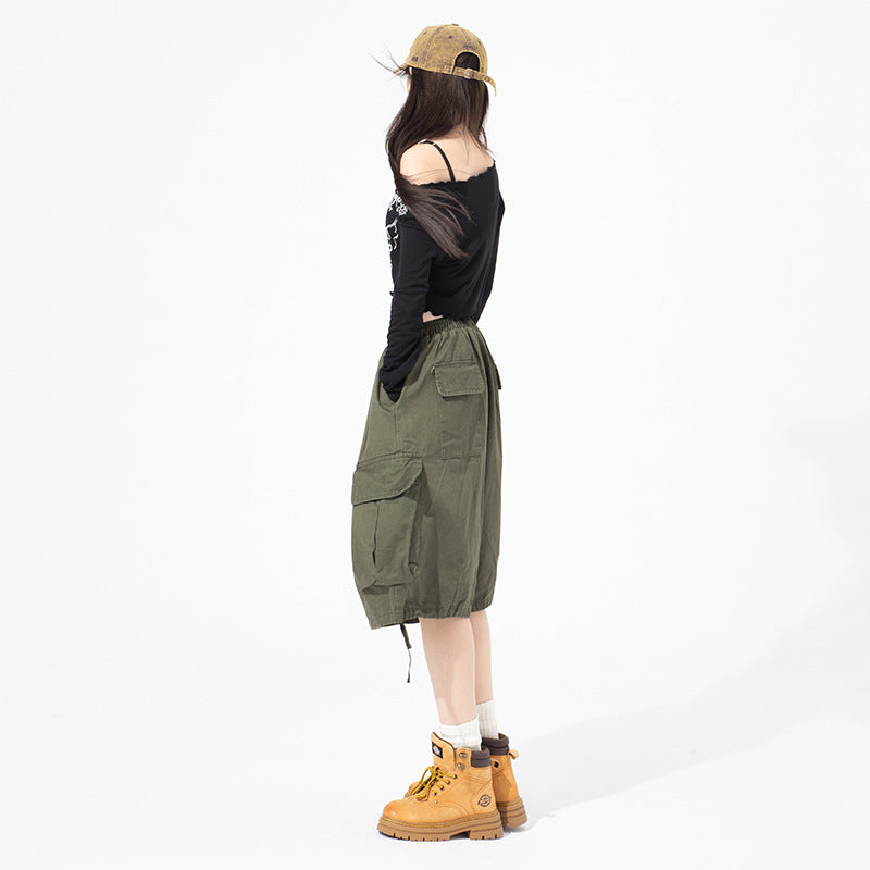 Relaxed  Washed Multi-Pocket Cargo Shorts Loose Women's Casual  Length Pants