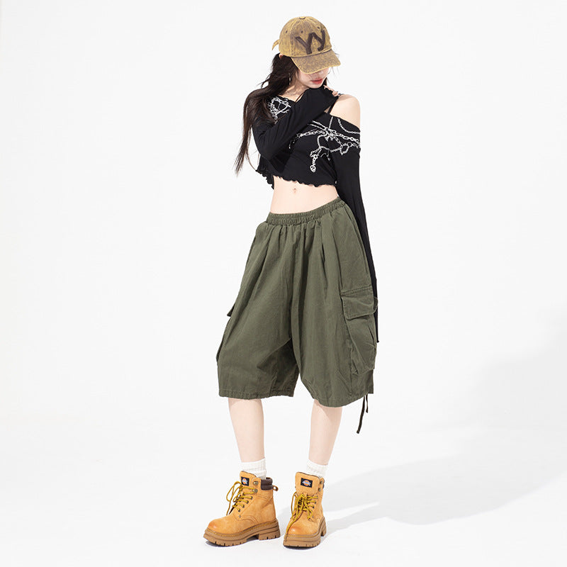 Relaxed  Washed Multi-Pocket Cargo Shorts Loose Women's Casual  Length Pants