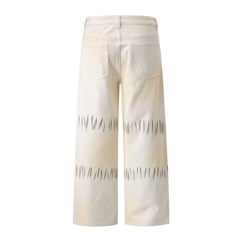 Street Style Men's Distressed Graffiti Straight Leg Denim Jeans, Loose Fit Trendy Casual Pants for Men