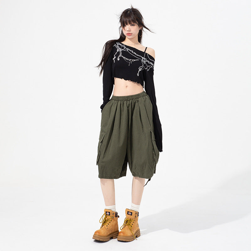 Relaxed  Washed Multi-Pocket Cargo Shorts Loose Women's Casual  Length Pants