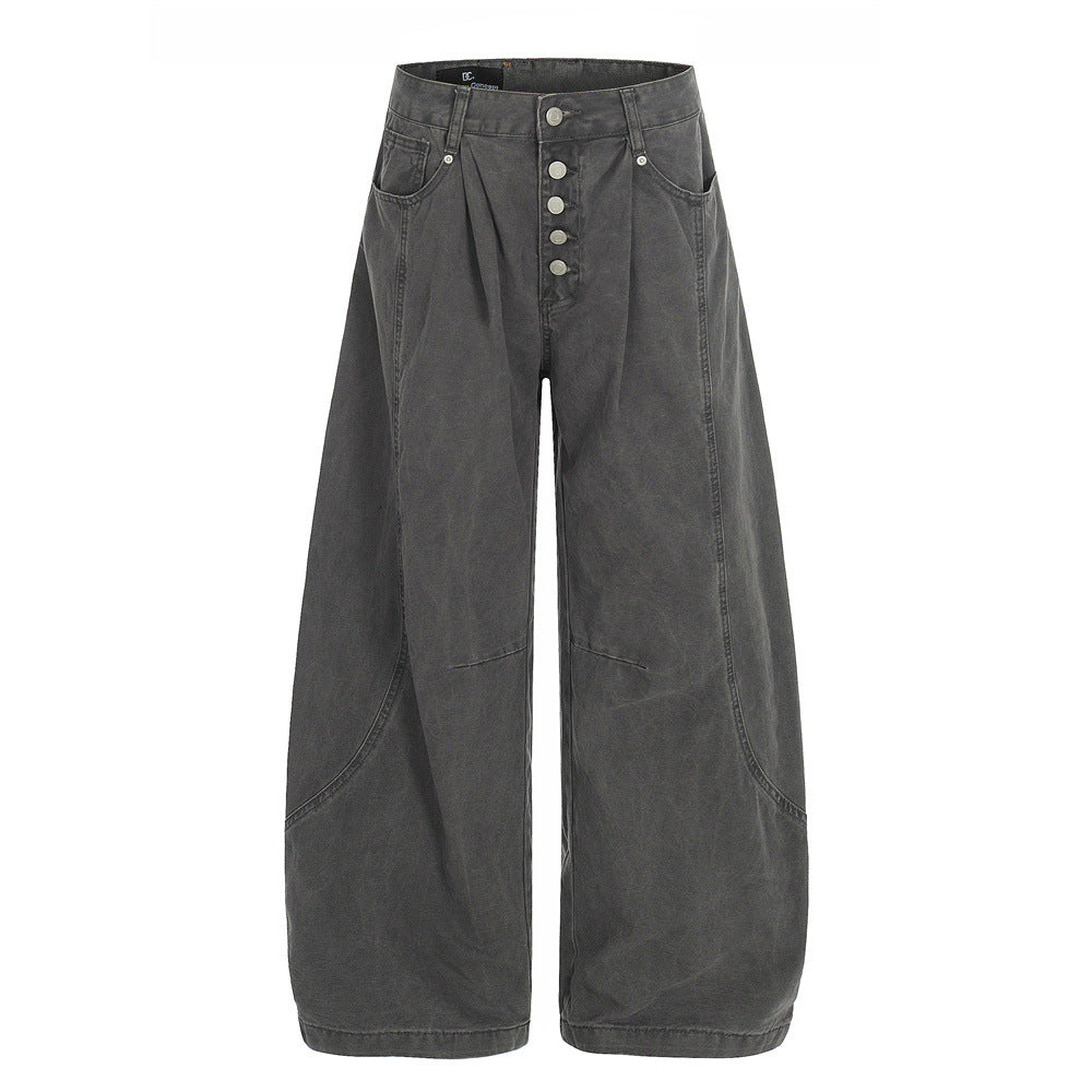 Street Style Men's Denim Pants, Distressed Patchwork Knife Cut, Casual Loose Fit Wide Leg Jeans for Men