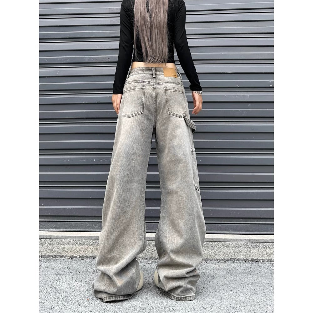 Vintage Splatter Washed Relaxed Straight Leg Cargo Jeans for Women High Street Loose Fit Distressed Long Pants Trendy Ins Style