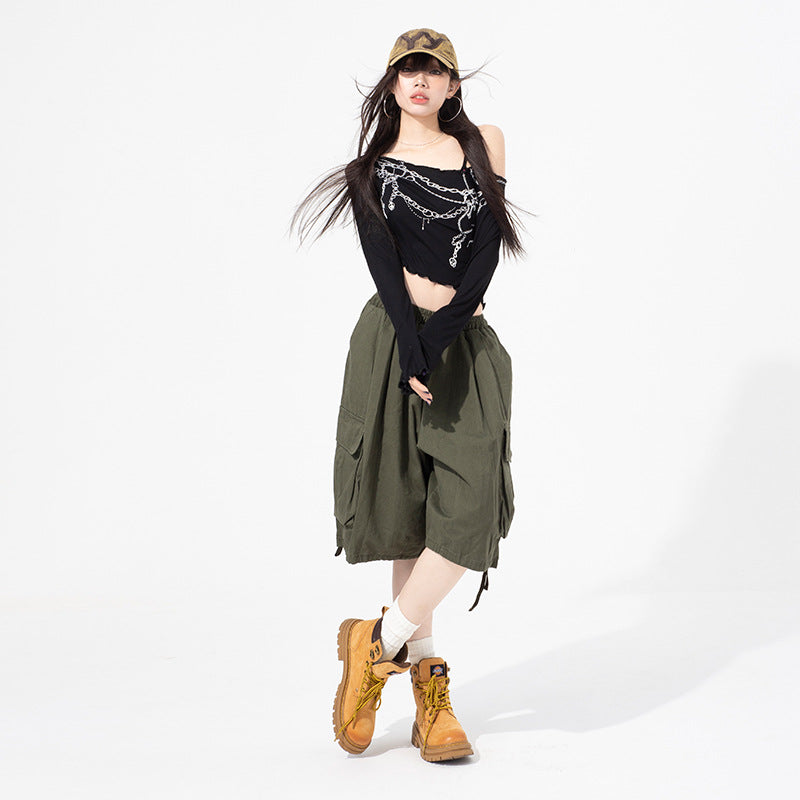 Relaxed  Washed Multi-Pocket Cargo Shorts Loose Women's Casual  Length Pants