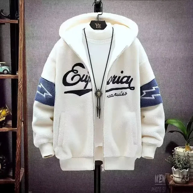 2023 Autumn Winter Men's Hooded Jackets Korean Fashion Streetwear Harajuku Jackets Casual Men Clothing Wool Jackets Warm Jacket