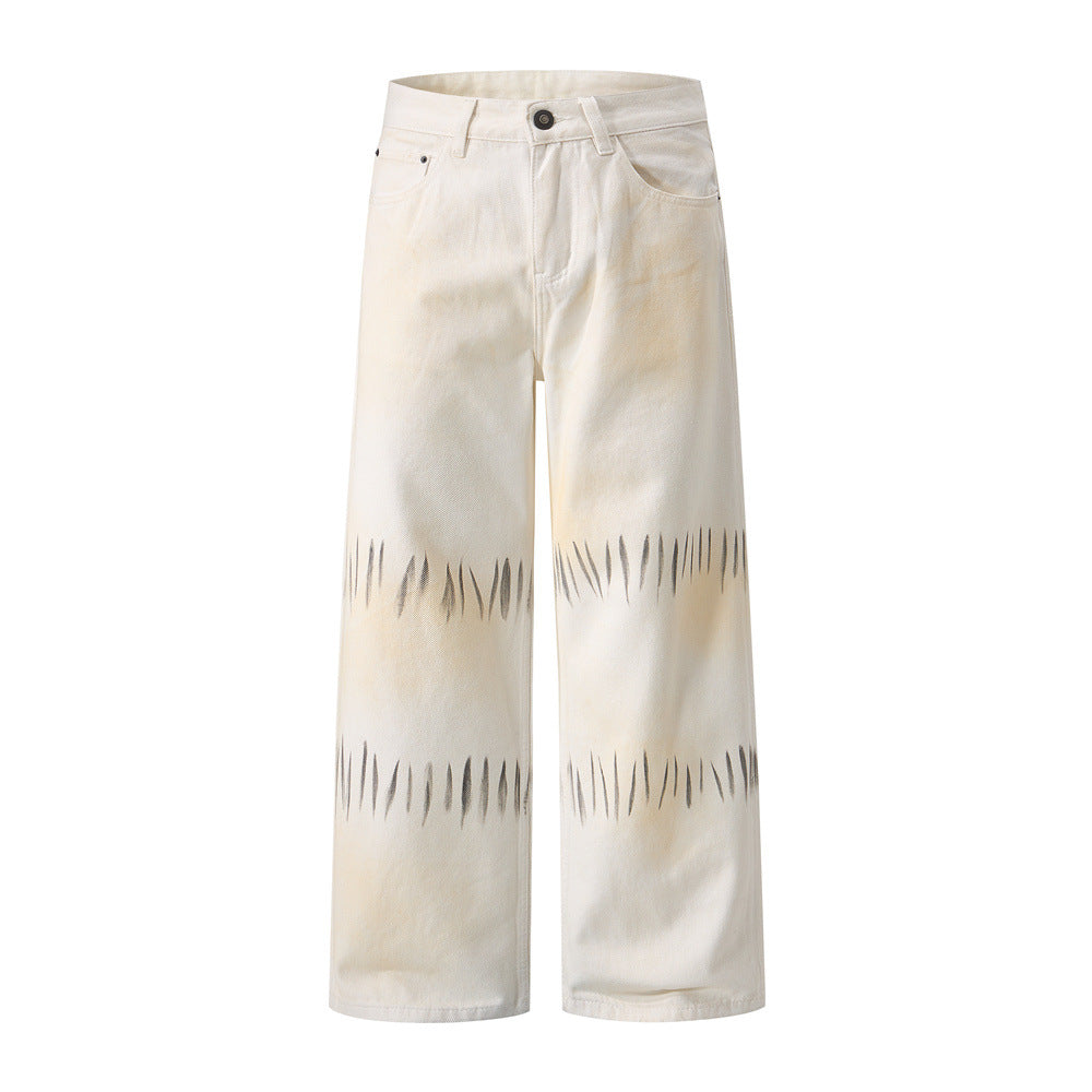 Street Style Men's Distressed Graffiti Straight Leg Denim Jeans, Loose Fit Trendy Casual Pants for Men