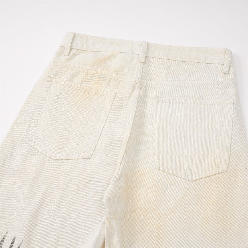 Street Style Men's Distressed Graffiti Straight Leg Denim Jeans, Loose Fit Trendy Casual Pants for Men