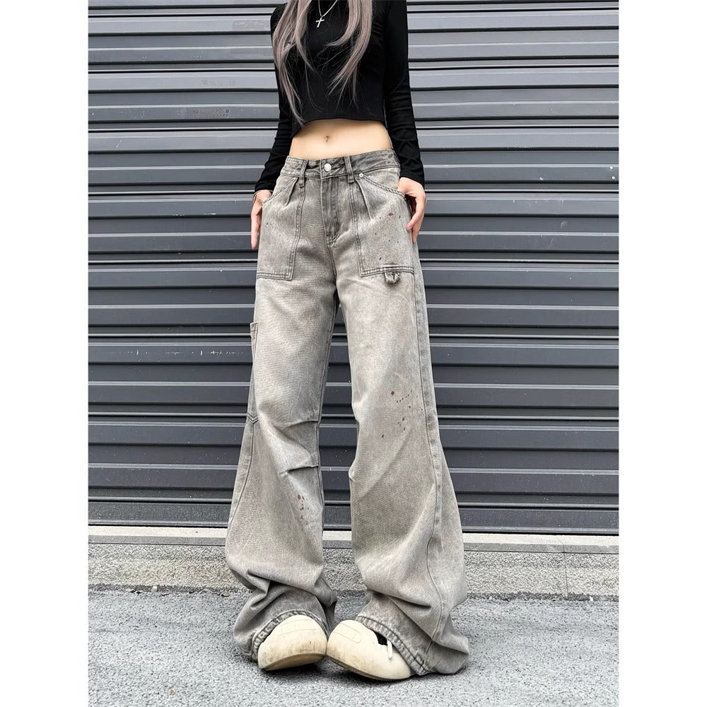 Vintage Splatter Washed Relaxed Straight Leg Cargo Jeans for Women High Street Loose Fit Distressed Long Pants Trendy Ins Style